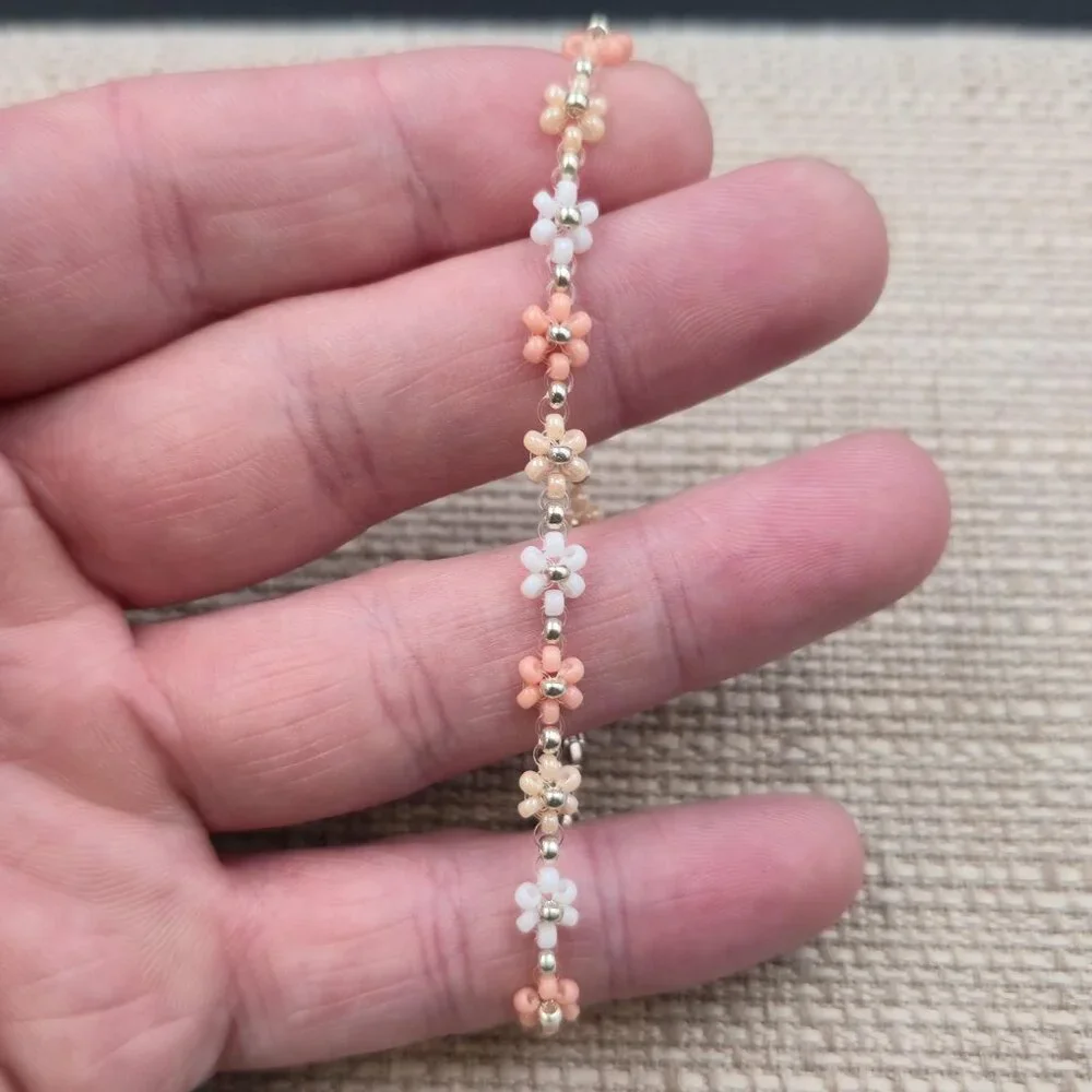 7 Inch Sterling Silver Small Bead Flowers Handmade Bracelet A6774 - Picture 2 of 7